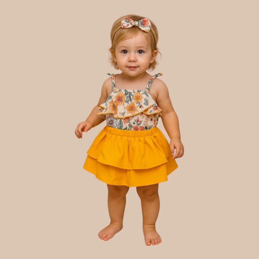 Girls Boho Floral Ruffle Outfit Set Mustard Tiered Skirt & Matching Bow Headband